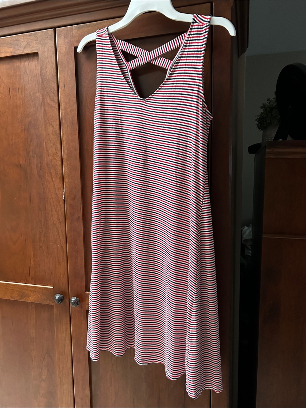 New Stretch Style & Co Crisscross Back Sleeveless Dress Red White Blue